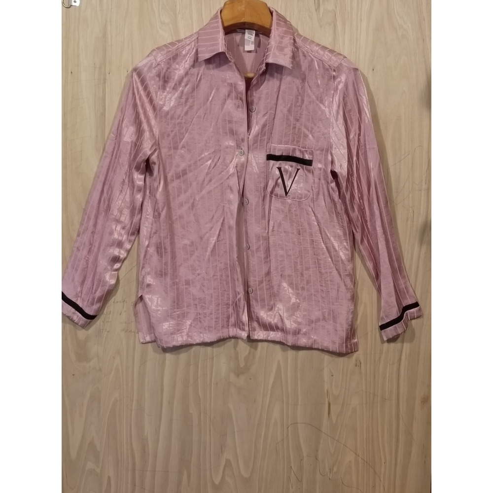 Victoria's Secret Pajama Top Small Pink Satin Long‎ Sleeve Button Up Logo Trim